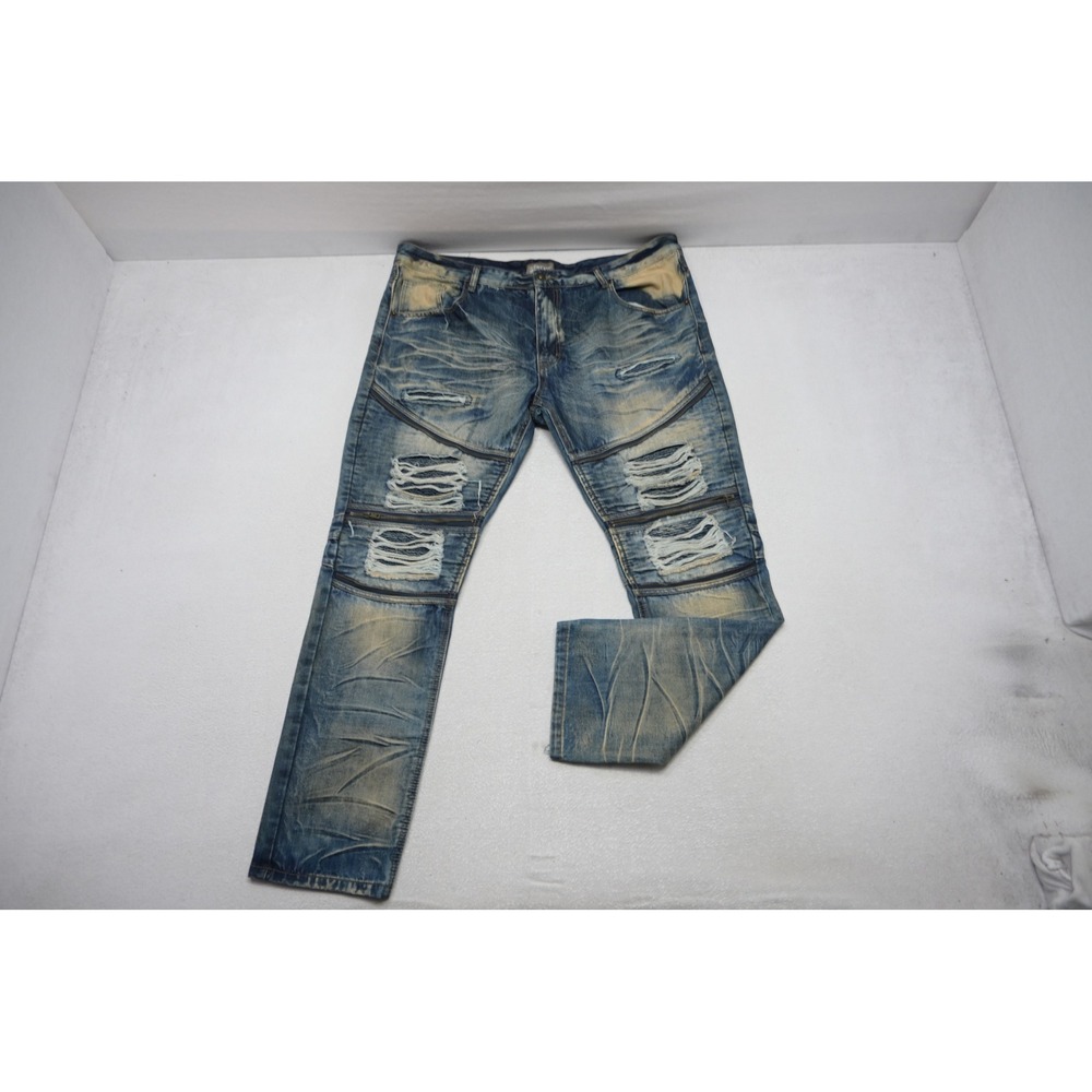 Smoke Rise Biker Jeans Mens 44x32 Blue‎ Distressed Moto Zipper Denim Pants